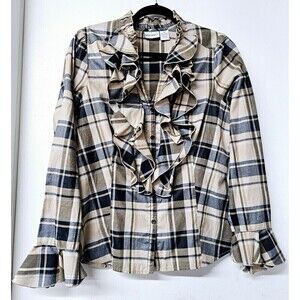 HARVE BENARD Brown Blue Plaid Long Sleeve Button-Up Ruffled Women Shirt (M)